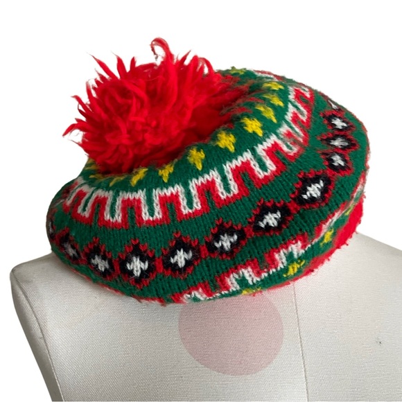 Vintage Accessories - Vintage knit cotton Pom Pom hat in Christmas colors and Scandinavian design